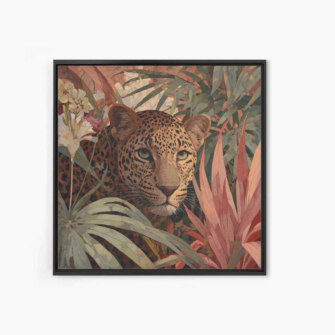 Leopard Hidden Among Palm Leaves Framed Canvas Print, Tropical Art, Gallery Decor, Living Room Decor, Fine Art, Tropic, TRO-1x1-38