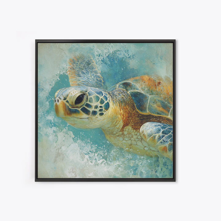 Sea Turtle Near Tropical Reef Framed Canvas Print, Tropical Art, Beach Decor, Living Room Decor, Oil Painting, Tropic, TRO-1x1-43