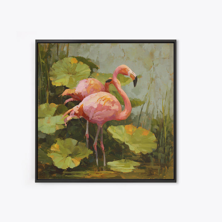Pink Flamingos Among Tropical Water Plants Canvas Print, Tropical Art, Whimsical Art, Living Room Decor, Fine Art, Tropic, TRO-1x1-50