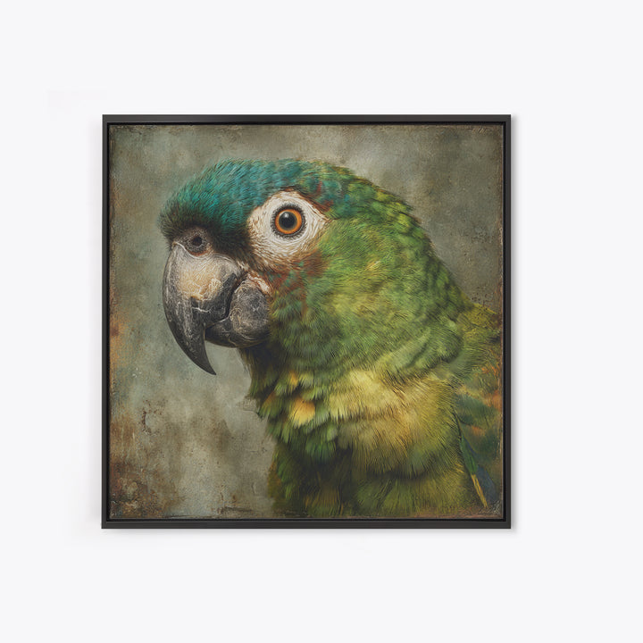 Parrot Portrait with Emerald Feathers Framed Canvas Print, Tropical Art, Digital Print, Living Room Decor, Fine Art, Tropic, TRO-1x1-56