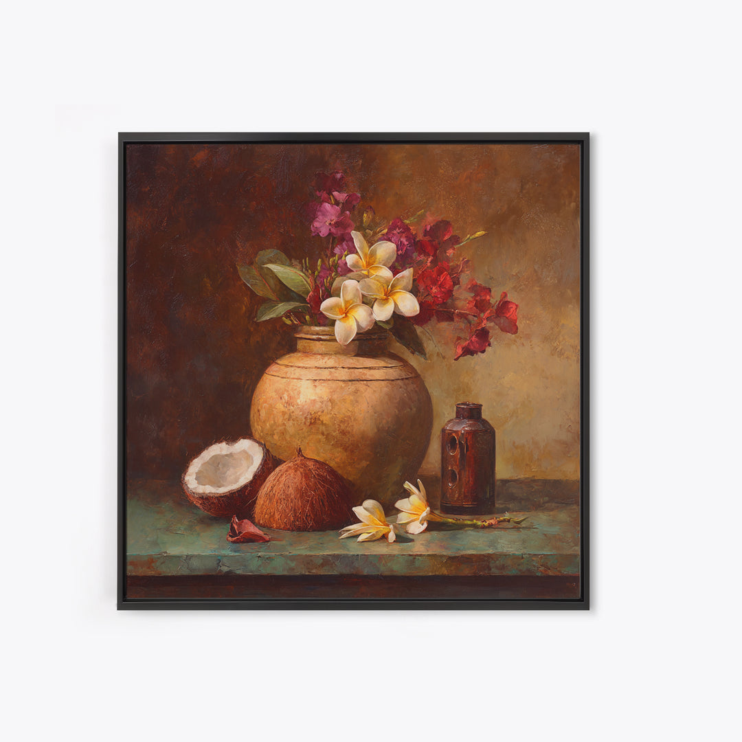 Coconut and Plumeria Still Life Canvas Print, Tropical Art, Coastal Decor, Living Room Decor, Fine Art, Tropic, Modern Decor, TRO-1x1-60