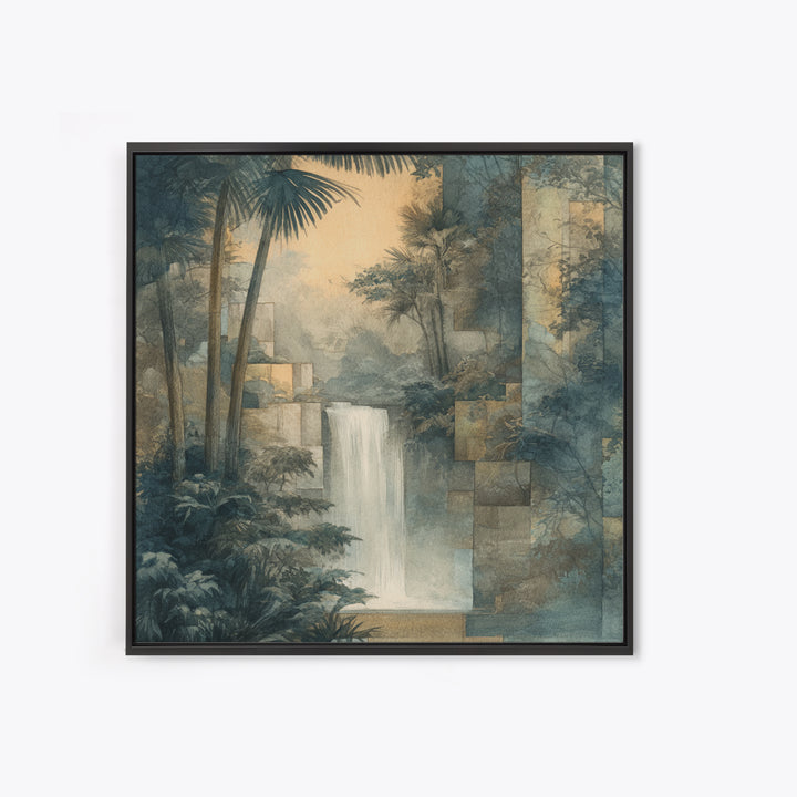 Jungle Waterfall with Misty Light Framed Canvas Print, Tropical Art, Boho Decor, Living Room Decor, Oil Painting, Tropic, TRO-1x1-61