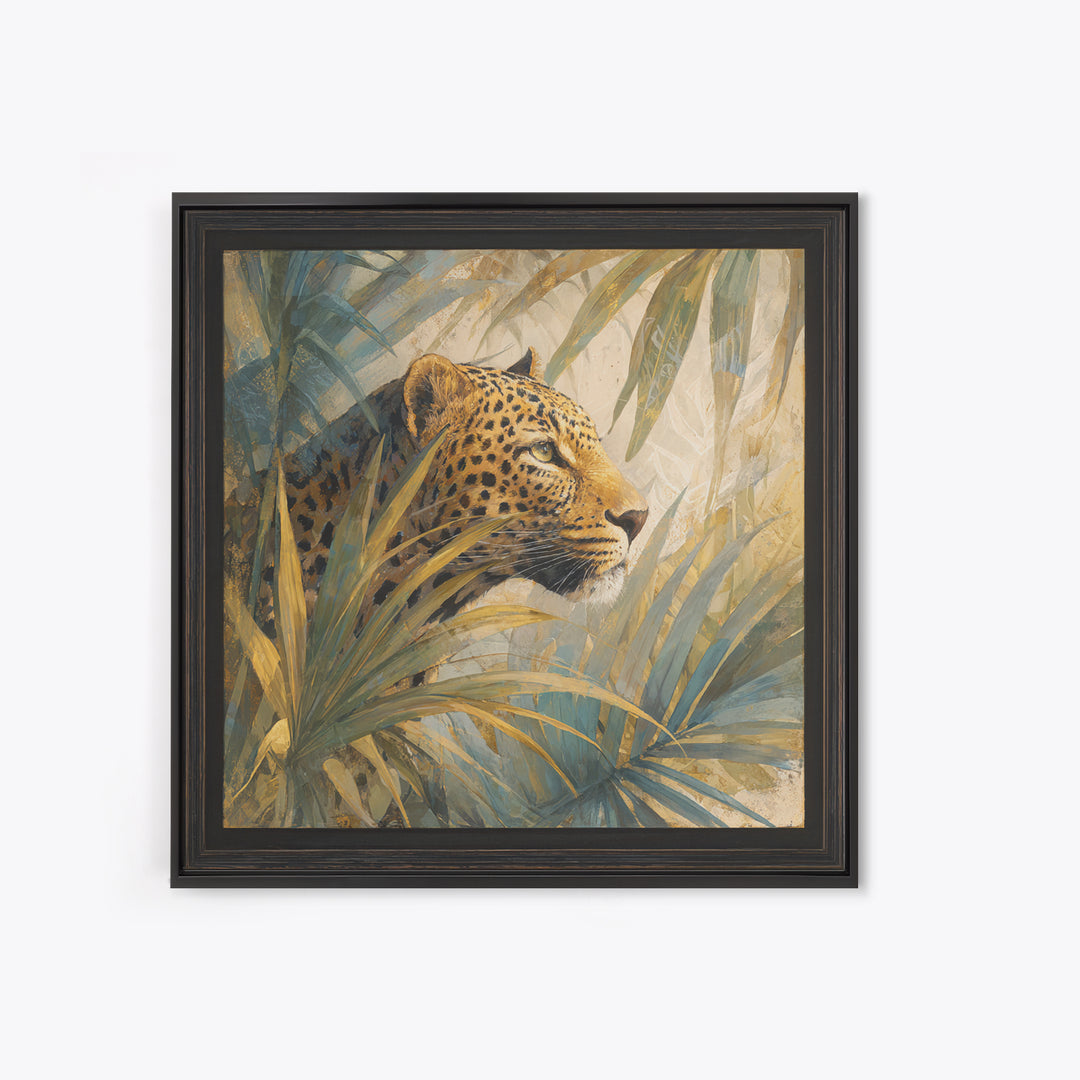 Leopard Hidden Among Palm Leaves Framed Canvas Print, Tropical Art, Gallery Decor, Living Room Decor, Fine Art, Tropic, TRO-1x1-62