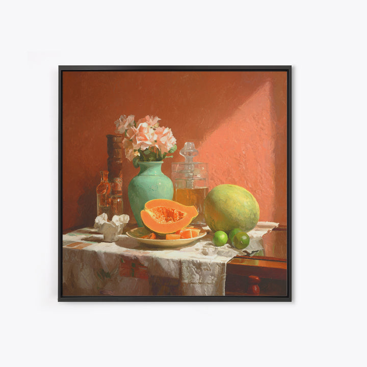 Bright Papaya and Lime Still Life Framed Canvas Print, Tropical Art, Beach Print, Living Room Decor, Abstract Art, Tropic, TRO-1x1-72