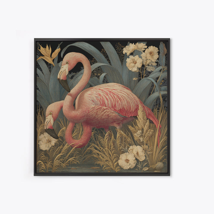 Pink Flamingos Among Tropical Water Plants Framed Canvas Print, Tropical Art, Fine Art Print, Living Room Decor, Tropic, TRO-1x1-74
