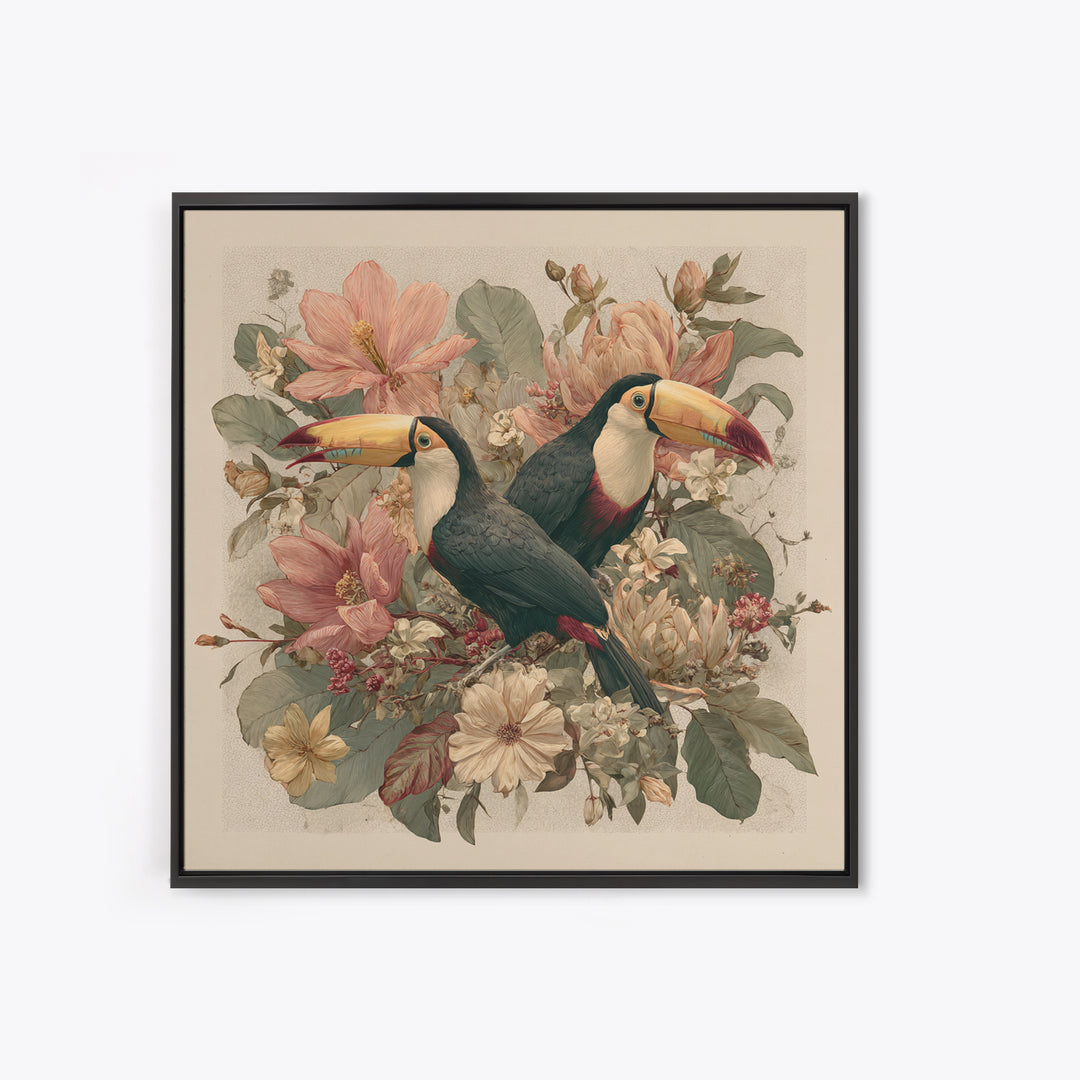 Toucans Surrounded by Bright Jungle Flowers Canvas Print, Tropical Art, Statement Artwork, Living Room Decor, Fine Art, Tropic, TRO-1x1-75