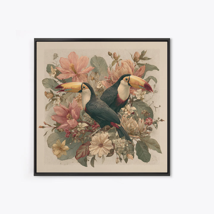 Toucans Surrounded by Bright Jungle Flowers Canvas Print, Tropical Art, Statement Artwork, Living Room Decor, Fine Art, Tropic, TRO-1x1-75