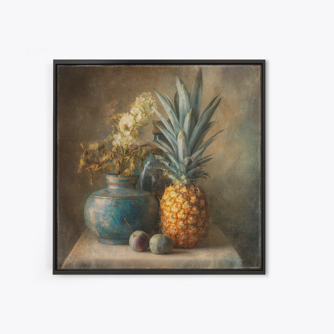 Pineapple and Palm Still Life Framed Canvas Print, Tropical Art, Statement Artwork, Living Room Decor, Fine Art, Tropic, TRO-1x1-78