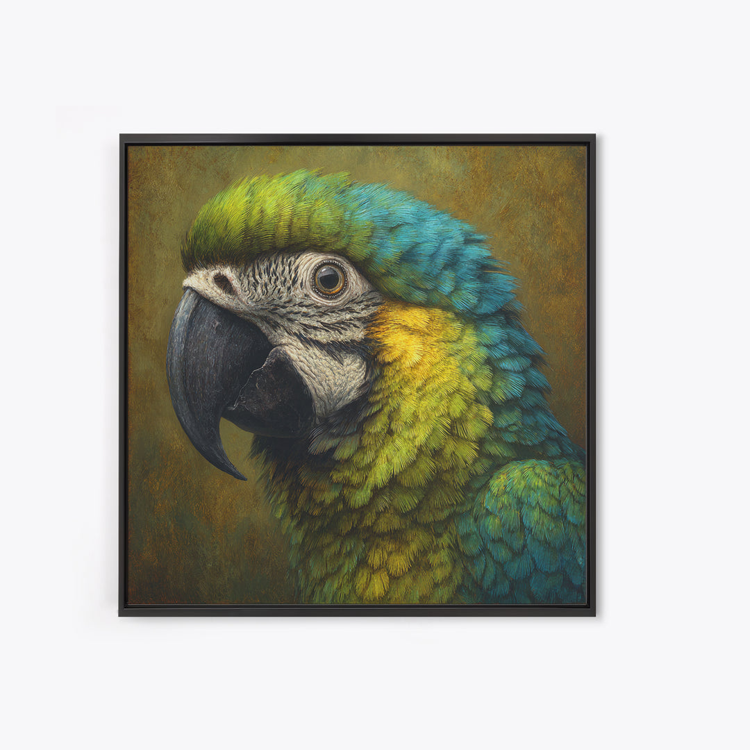 Parrot Portrait with Emerald Feathers Framed Canvas Print, Tropical Art, Printable, Living Room Decor, Fine Art, Tropic, TRO-1x1-8