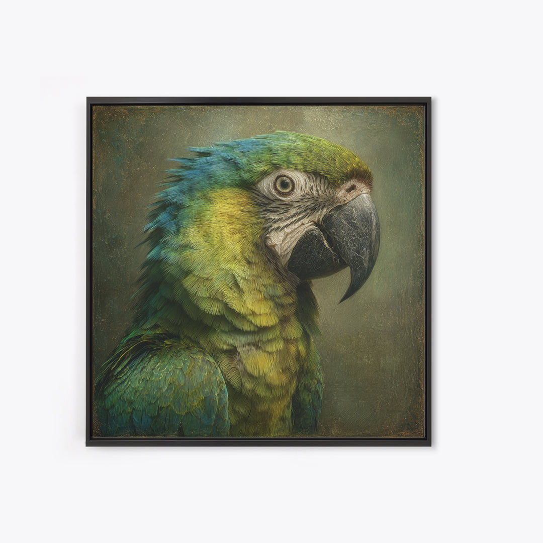 Parrot Portrait with Emerald Feathers Framed Canvas Print, Tropical Art, Fine Art Print, Living Room Decor, Oil Painting, TRO-1x1-80