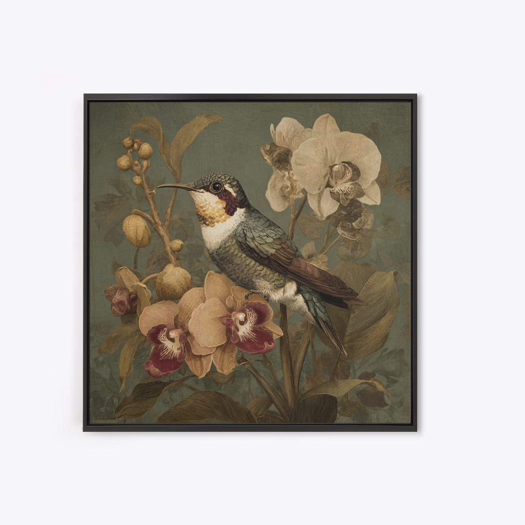 Orchid and Hummingbird Composition Canvas Print, Tropical Art, Boho Decor, Living Room Decor, Oil Painting, Tropic, Art Print, TRO-1x1-82