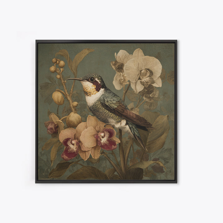 Orchid and Hummingbird Composition Canvas Print, Tropical Art, Boho Decor, Living Room Decor, Oil Painting, Tropic, Art Print, TRO-1x1-82
