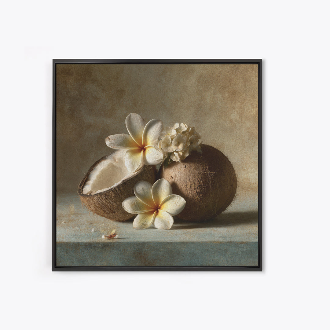 Coconut and Plumeria Still Life Framed Canvas Print, Tropical Art, Beach Print, Living Room Decor, Abstract Art, Tropic, TRO-1x1-84
