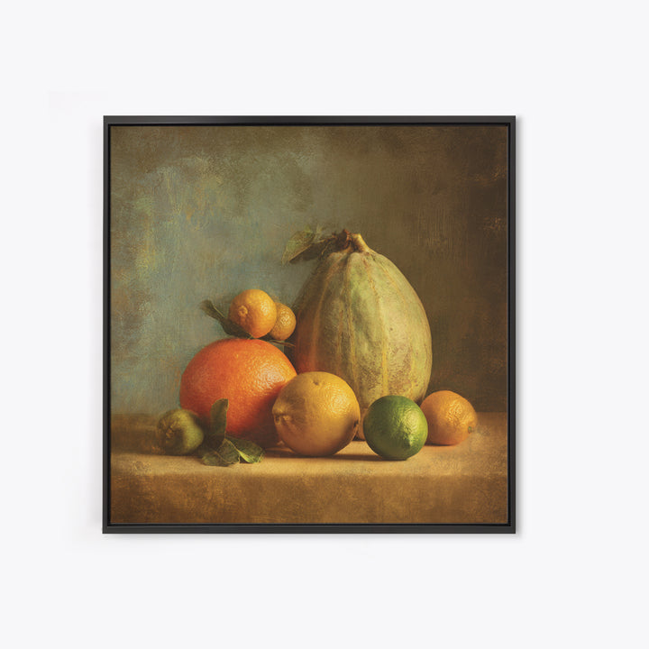 Bright Papaya and Lime Still Life Framed Canvas Print, Tropical Art, Art Print, Living Room Decor, Tropic, Abstract Painting, TRO-1x1-96