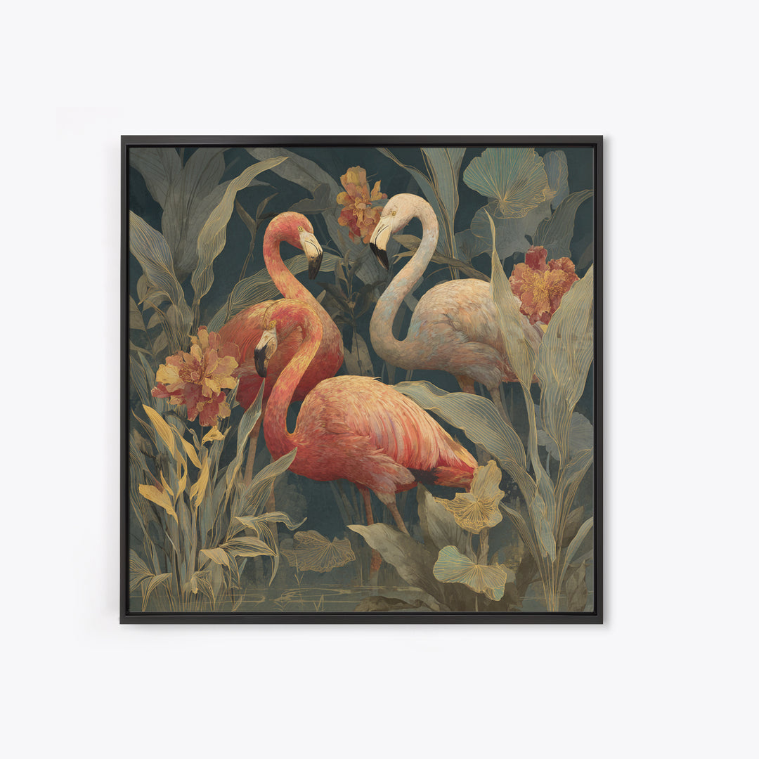 Pink Flamingos Among Tropical Water Plants Canvas Print, Tropical Art, Textured Painting, Living Room Decor, Fine Art, Tropic, TRO-1x1-98