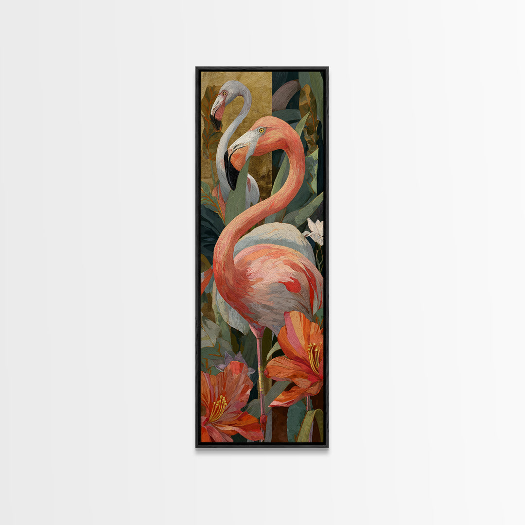 Pink Flamingos Among Tropical Water Plants Canvas Print, Tropical Art, Gallery Decor, Living Room Decor, Fine Art, Tropic, TRO-1x3-14