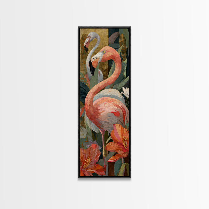 Pink Flamingos Among Tropical Water Plants Canvas Print, Tropical Art, Gallery Decor, Living Room Decor, Fine Art, Tropic, TRO-1x3-14