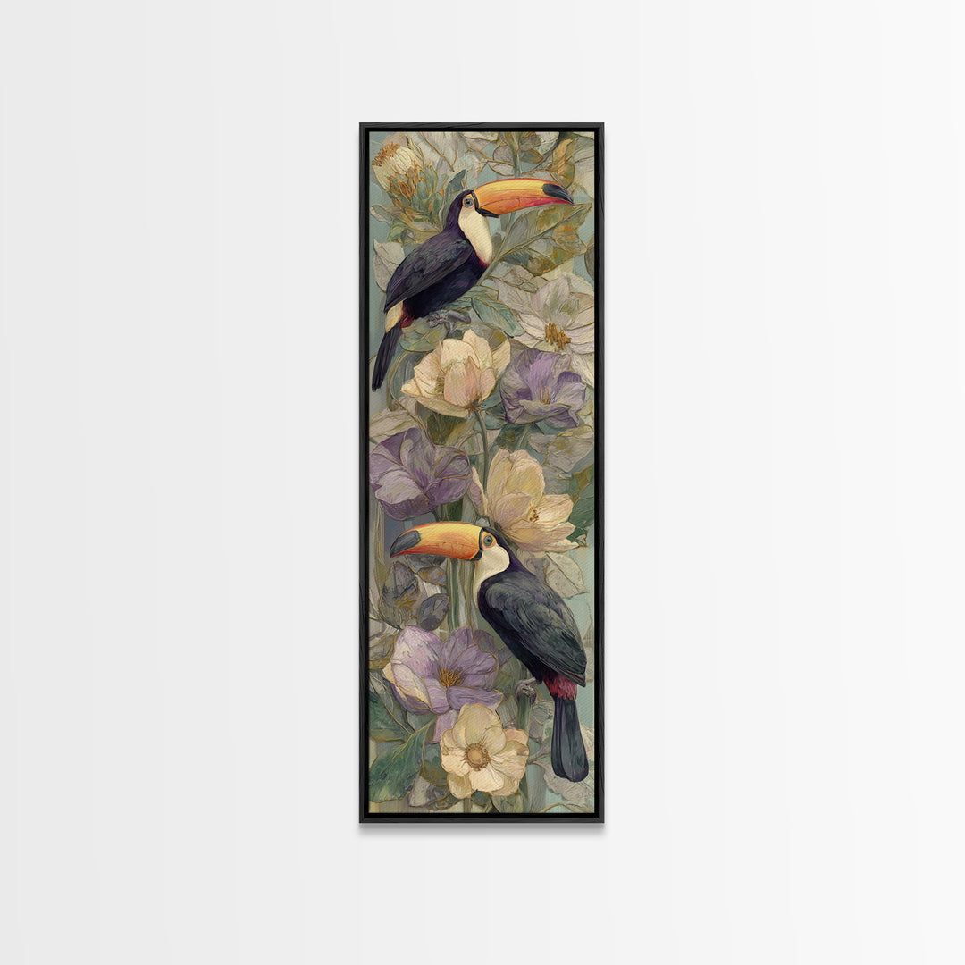 Toucans Surrounded by Bright Jungle Flowers Framed Canvas Print, Tropical Art, Printable Art, Living Room Decor, Tropic, TRO-1x3-15