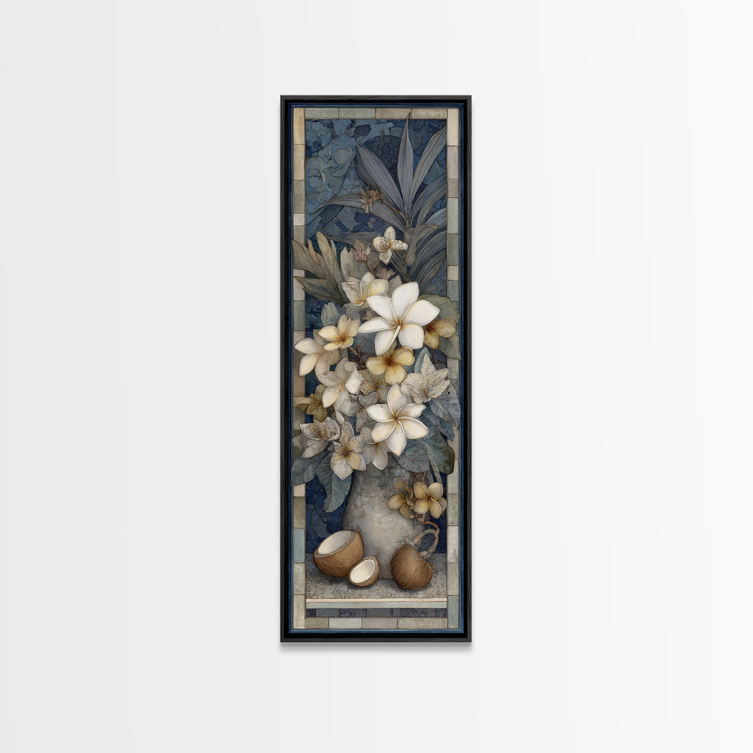Coconut and Plumeria Still Life Framed Canvas Print, Tropical Art, Decor, Living Room Decor, Fine Art, Tropic, Bird Art, TRO-1x3-24