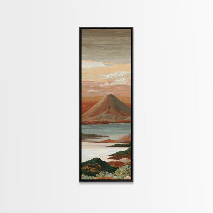 Island Volcano with Lush Foreground Framed Canvas Print, Tropical Art, Textured Painting, Living Room Decor, Fine Art, Tropic, TRO-1x3-29
