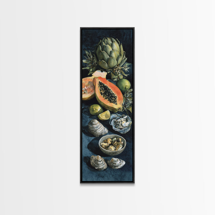 Bright Papaya and Lime Still Life Framed Canvas Print, Tropical Art, Art Print, Living Room Decor, Tropic, Abstract Painting, TRO-1x3-36
