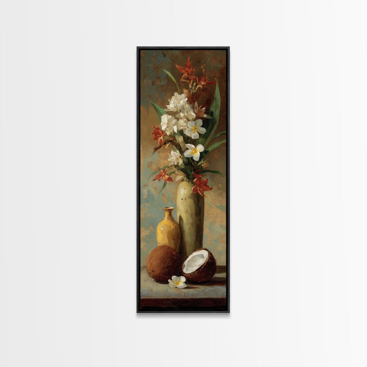 Coconut and Plumeria Still Life Canvas Print, Tropical Art, Printable Wall Art, Living Room Decor, Watercolor Art, Tropic, TRO-1x3-48