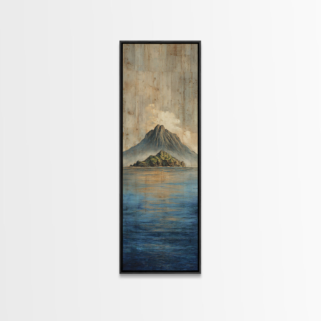 Island Volcano with Lush Foreground Framed Canvas Print, Tropical Art, Textured Painting, Living Room Decor, Fine Art, Tropic, TRO-1x3-53
