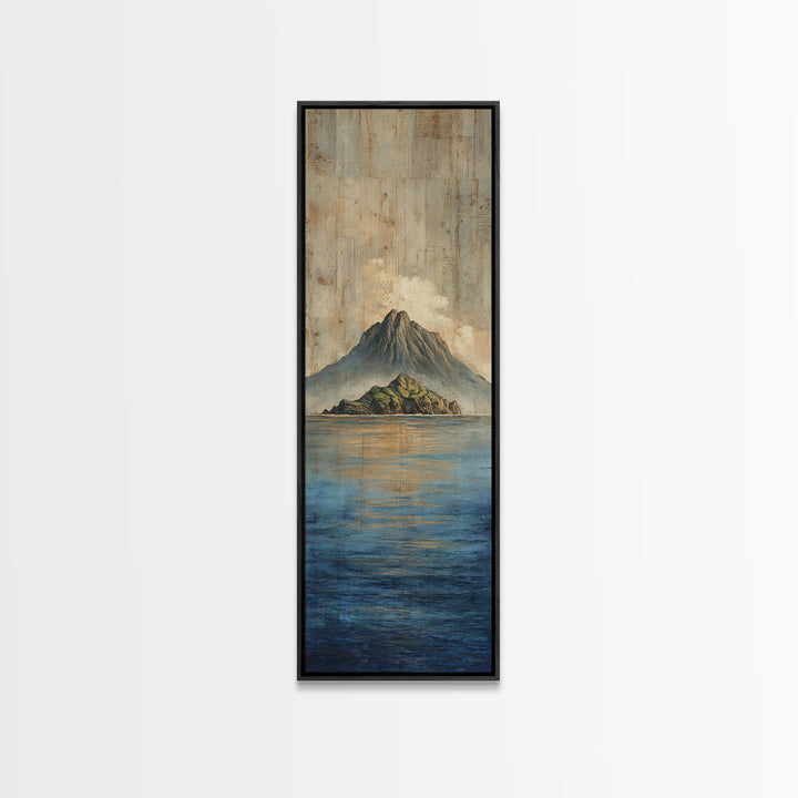 Island Volcano with Lush Foreground Framed Canvas Print, Tropical Art, Textured Painting, Living Room Decor, Fine Art, Tropic, TRO-1x3-53