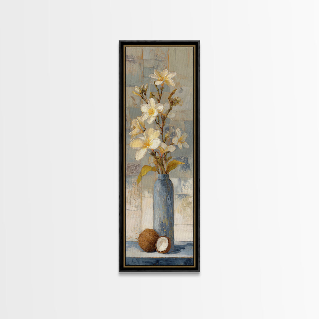 Coconut and Plumeria Still Life Canvas Print, Tropical Art, Coastal Decor, Living Room Decor, Fine Art, Tropic, Modern Decor, TRO-1x3-72