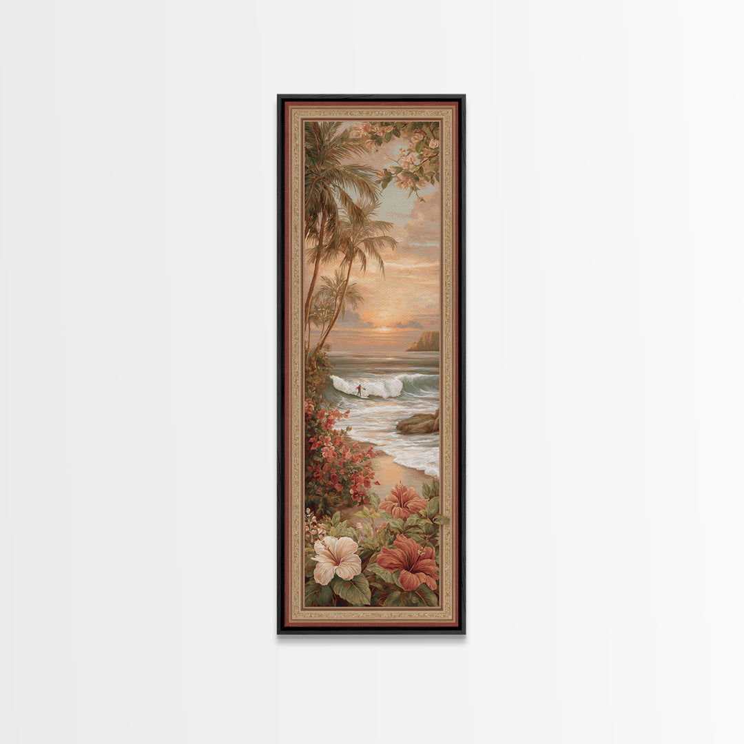 Sunset Surf Scene Canvas Print, Tropical Art, Boho Decor, Living Room Decor, Oil Painting, Tropic, Art Print, Digital Art, TRO-1x3-82