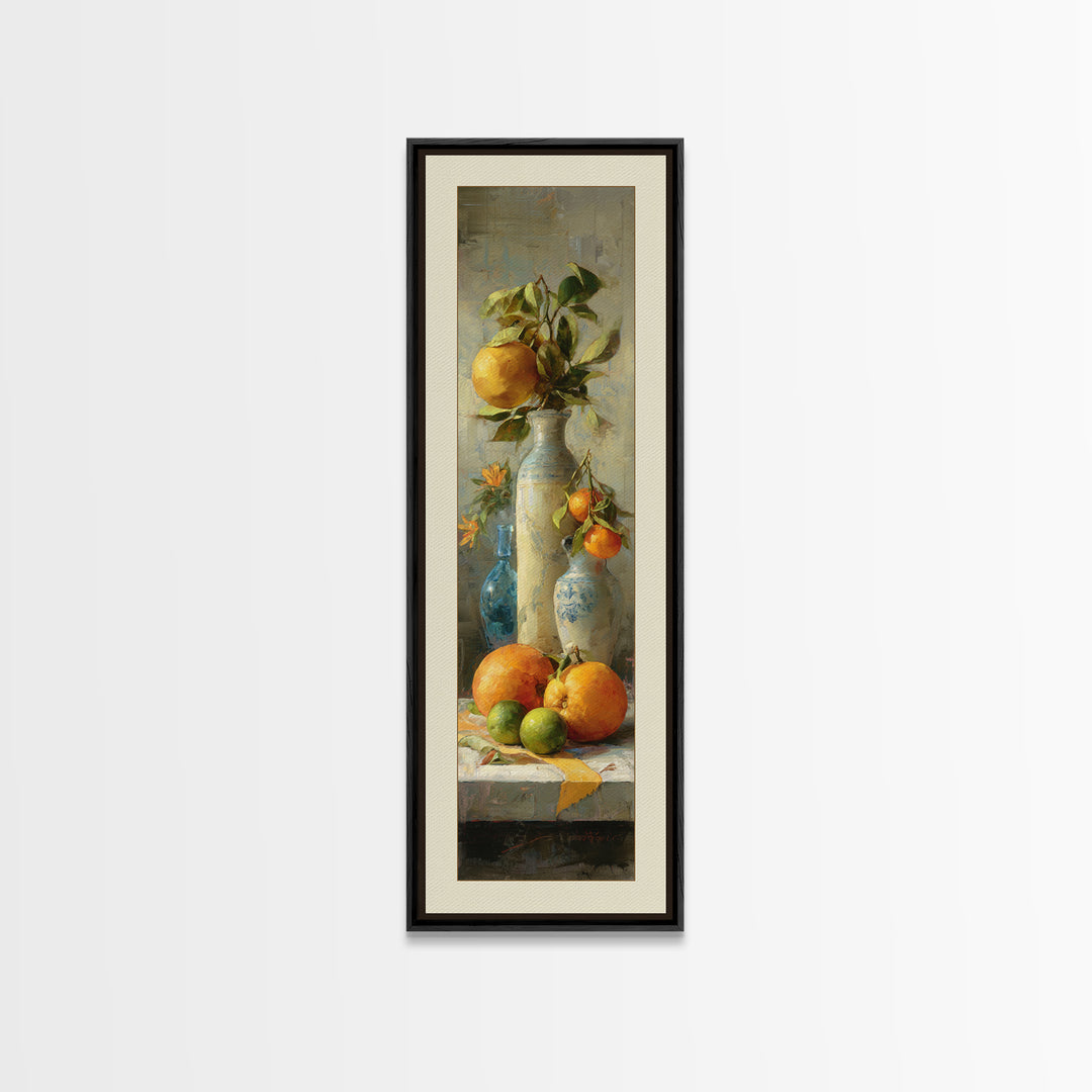 Bright Papaya and Lime Still Life Framed Canvas Print, Tropical Art, Coastal Wall Art, Living Room Decor, Fine Art, Tropic, TRO-1x3-84