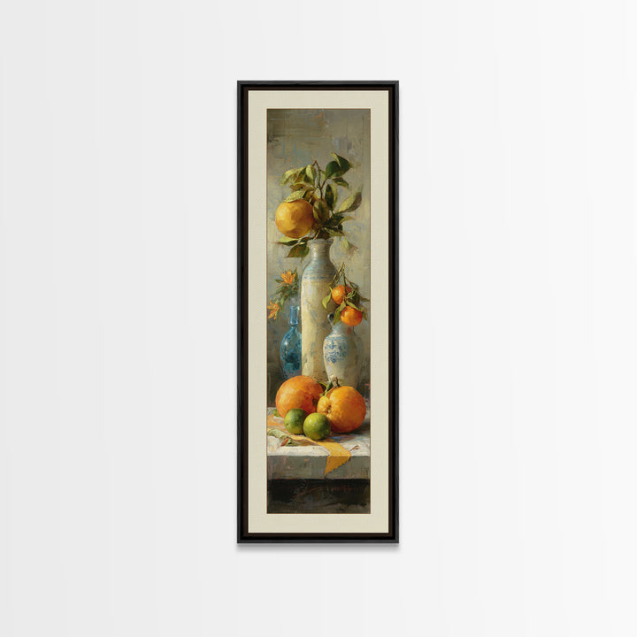 Bright Papaya and Lime Still Life Framed Canvas Print, Tropical Art, Coastal Wall Art, Living Room Decor, Fine Art, Tropic, TRO-1x3-84