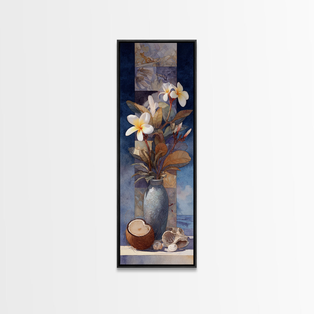 Coconut and Plumeria Still Life Framed Canvas Print, Tropical Art, Beach Print, Living Room Decor, Abstract Art, Tropic, TRO-1x3-96