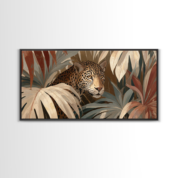 Leopard Hidden Among Palm Leaves Framed Canvas Print, Tropical Art, Contemporary Art, Living Room Decor, Fine Art, Tropic, TRO-2x1-10