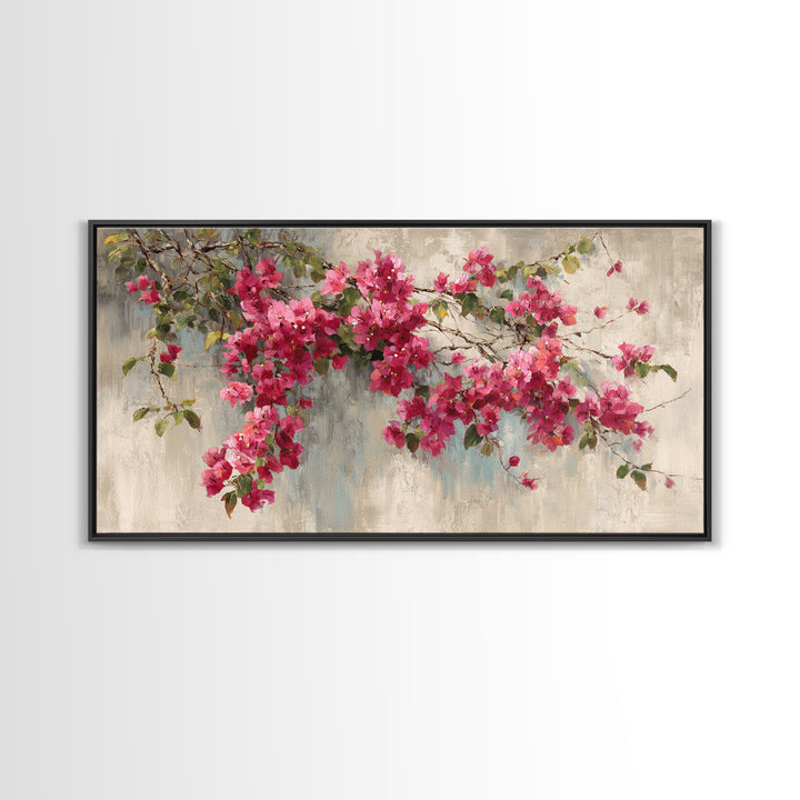 Pink Bougainvillea over White Wall Framed Canvas Print, Tropical Art, Room Decor, Living Room Decor, Fine Art, Tropic, TRO-2x1-12