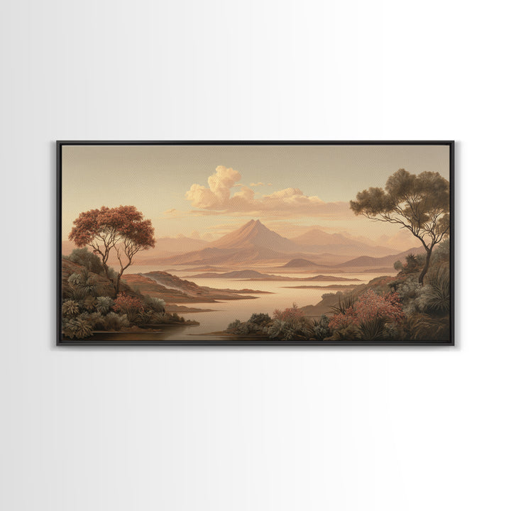 Island Volcano with Lush Foreground Framed Canvas Print, Tropical Art, Print, Living Room Decor, Tropic, Coastal Wall Art, TRO-2x1-13