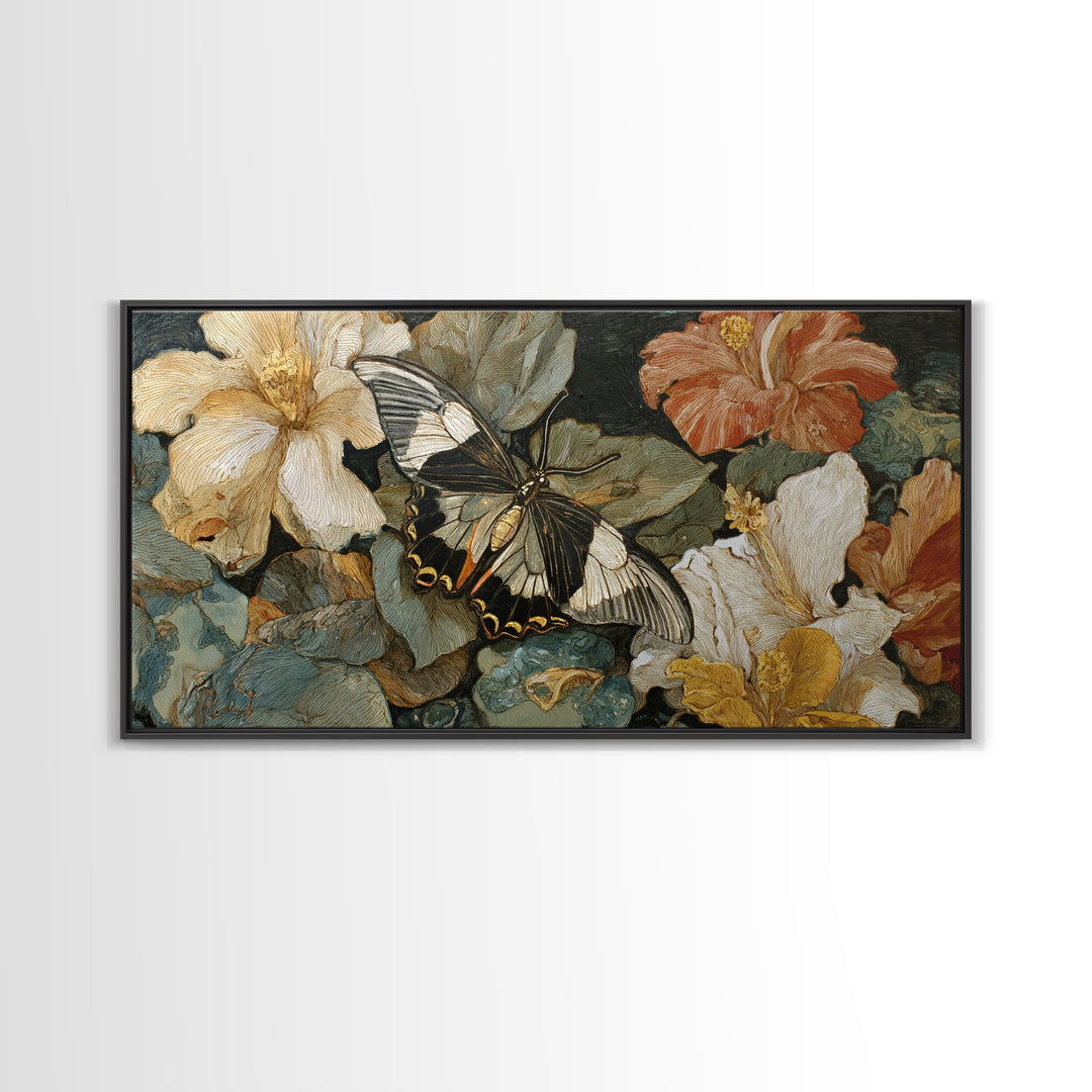 Tropical Butterfly and Flower Study Framed Canvas Print, Tropical Art, Whimsical Art, Living Room Decor, Watercolor Art, Tropic, TRO-2x1-19