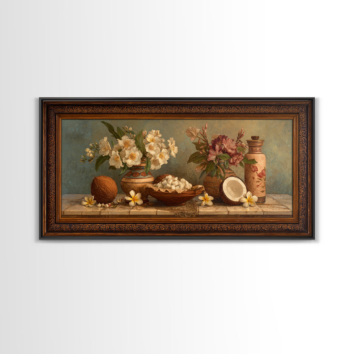 Coconut and Plumeria Still Life Canvas Print, Tropical Art, Wall Art, Living Room Decor, Oil Painting, Tropic, Pink Wall Art, TRO-2x1-32
