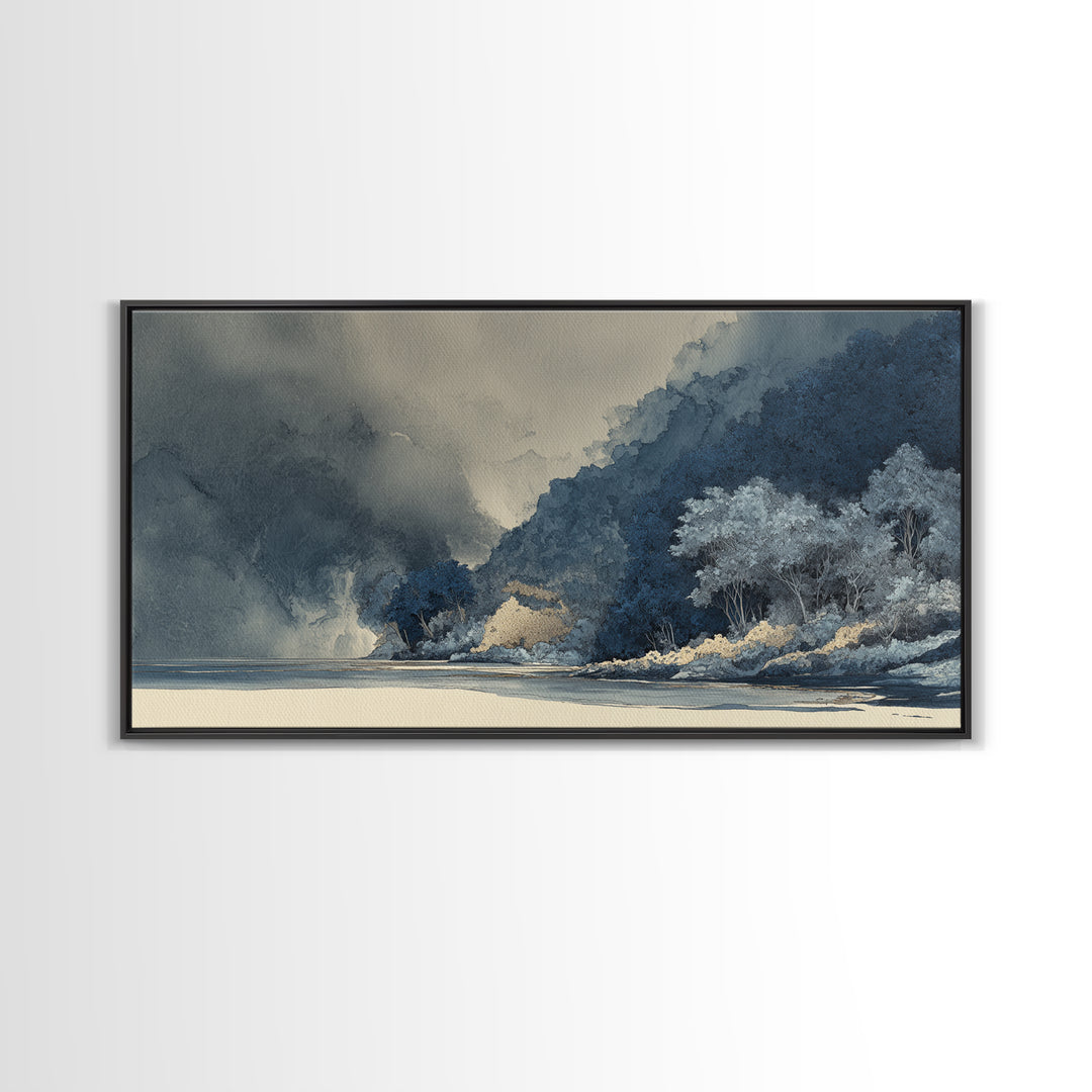 Jungle Waterfall with Misty Light Framed Canvas Print, Tropical Art, Digital Prints, Living Room Decor, Fine Art, Tropic, TRO-2x1-33