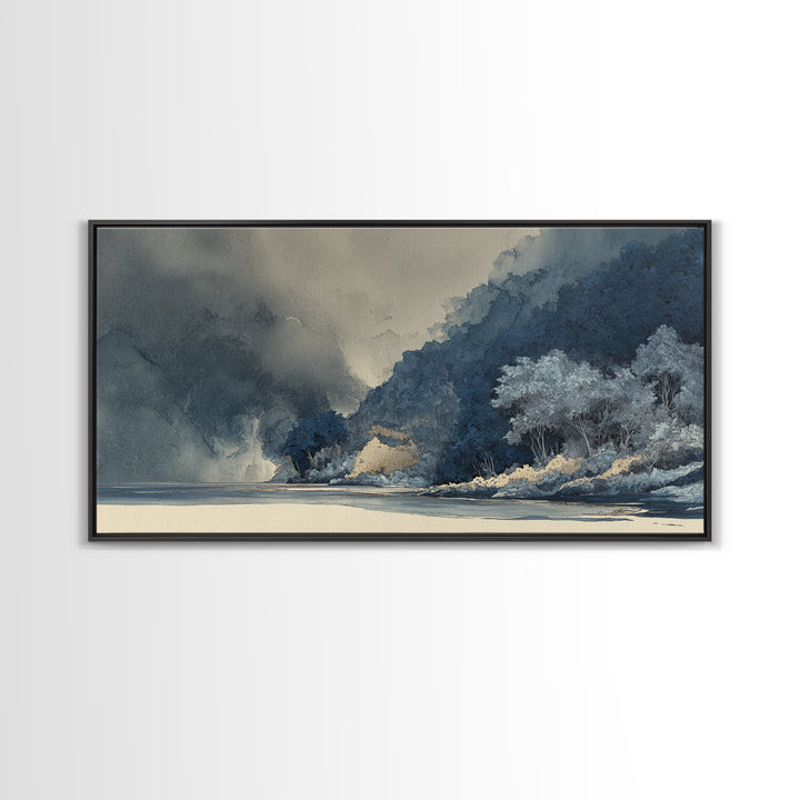 Jungle Waterfall with Misty Light Framed Canvas Print, Tropical Art, Digital Prints, Living Room Decor, Fine Art, Tropic, TRO-2x1-33