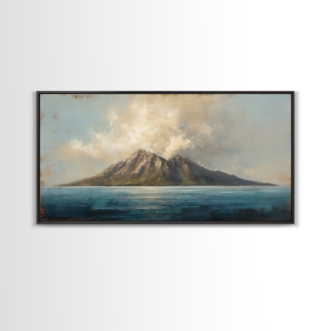 Island Volcano with Lush Foreground Framed Canvas Print, Tropical Art, Print, Living Room Decor, Tropic, Coastal Wall Art, TRO-2x1-37