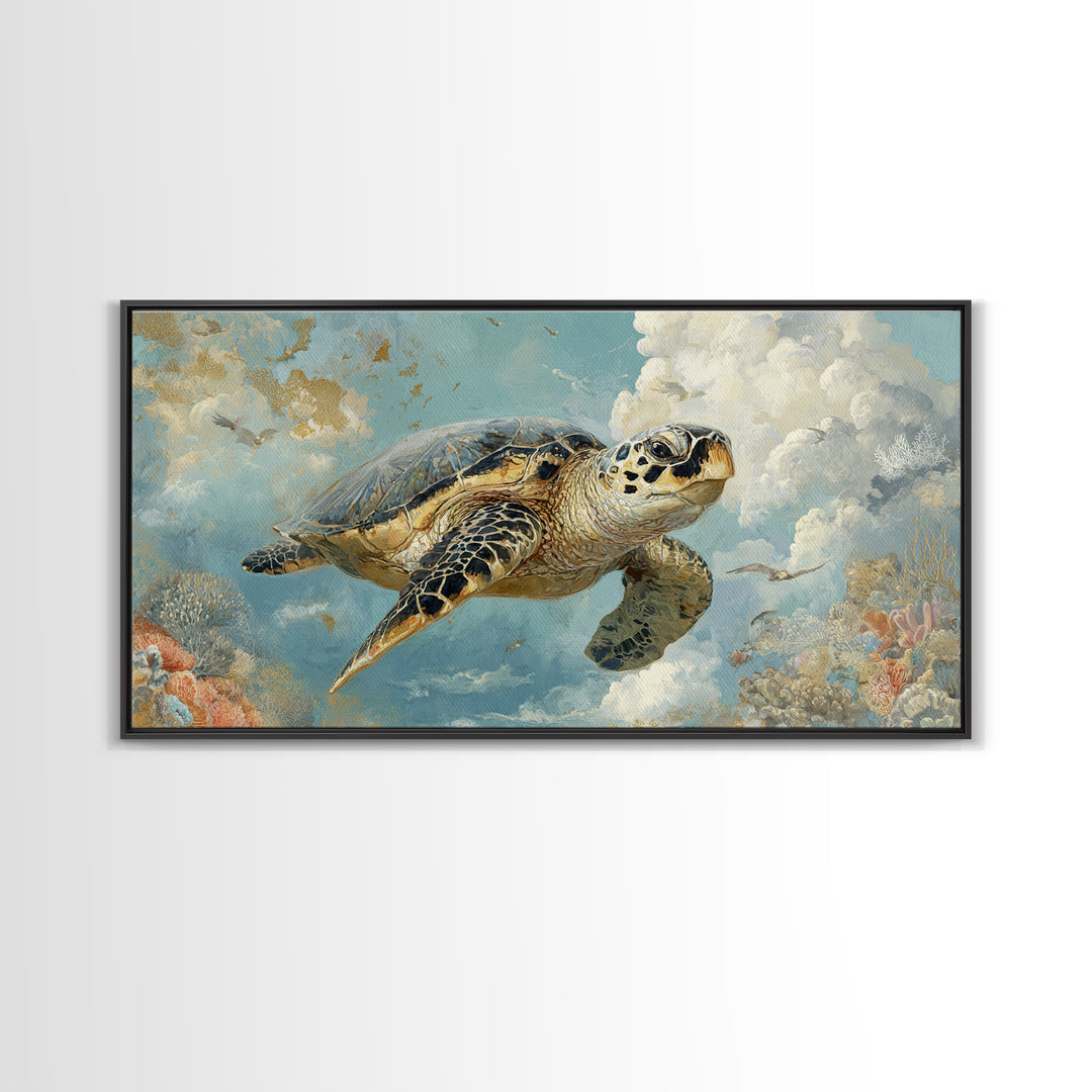 Sea Turtle Near Tropical Reef Canvas Print, Tropical Art, Digital Art, Living Room Decor, Oil Painting, Tropic, Watercolor Art, TRO-2x1-39