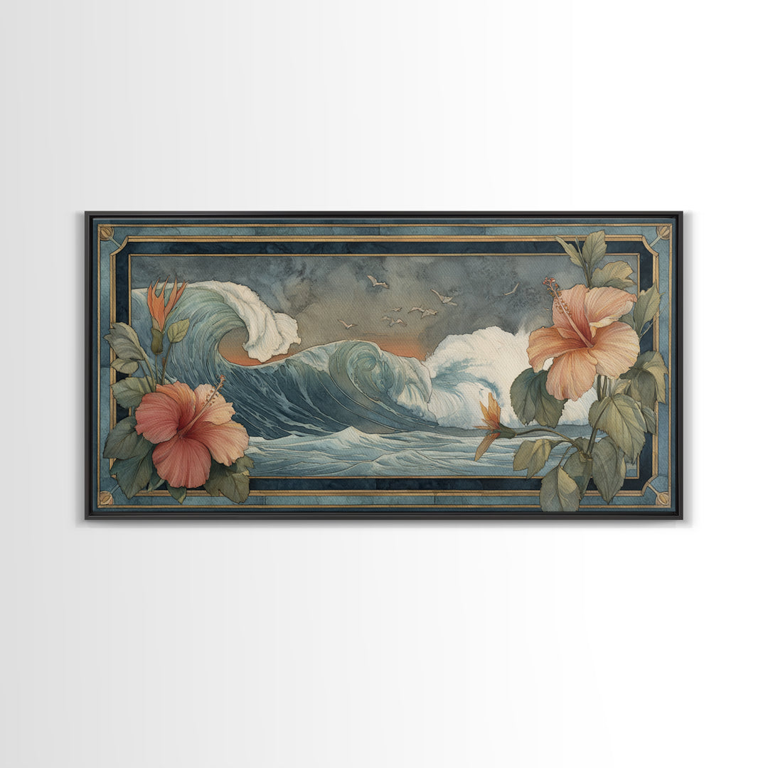 Sunset Surf Scene Framed Canvas Print, Tropical Art, Room Decor, Living Room Decor, Fine Art, Tropic, Printable, TRO-2x1-42