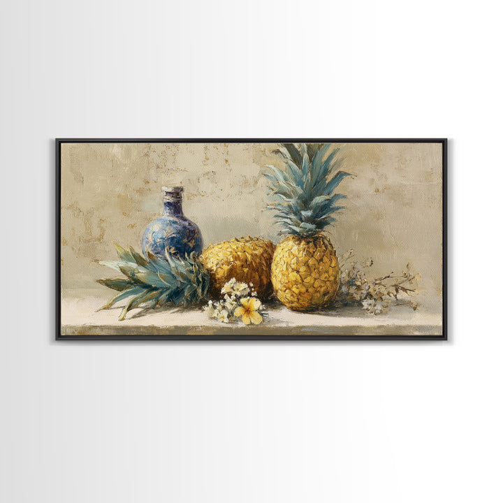 Pineapple and Palm Still Life Framed Canvas Print, Tropical Art, Decor, Living Room Decor, Fine Art, Tropic, Bird Art, TRO-2x1-50