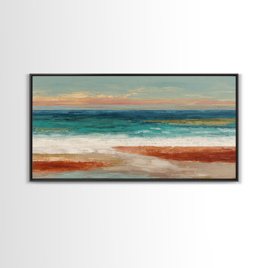 Tropical Lagoon with Turquoise Water Framed Canvas Print, Tropical Art, Bird Art, Living Room Decor, Watercolor Art, Tropic, TRO-2x1-51