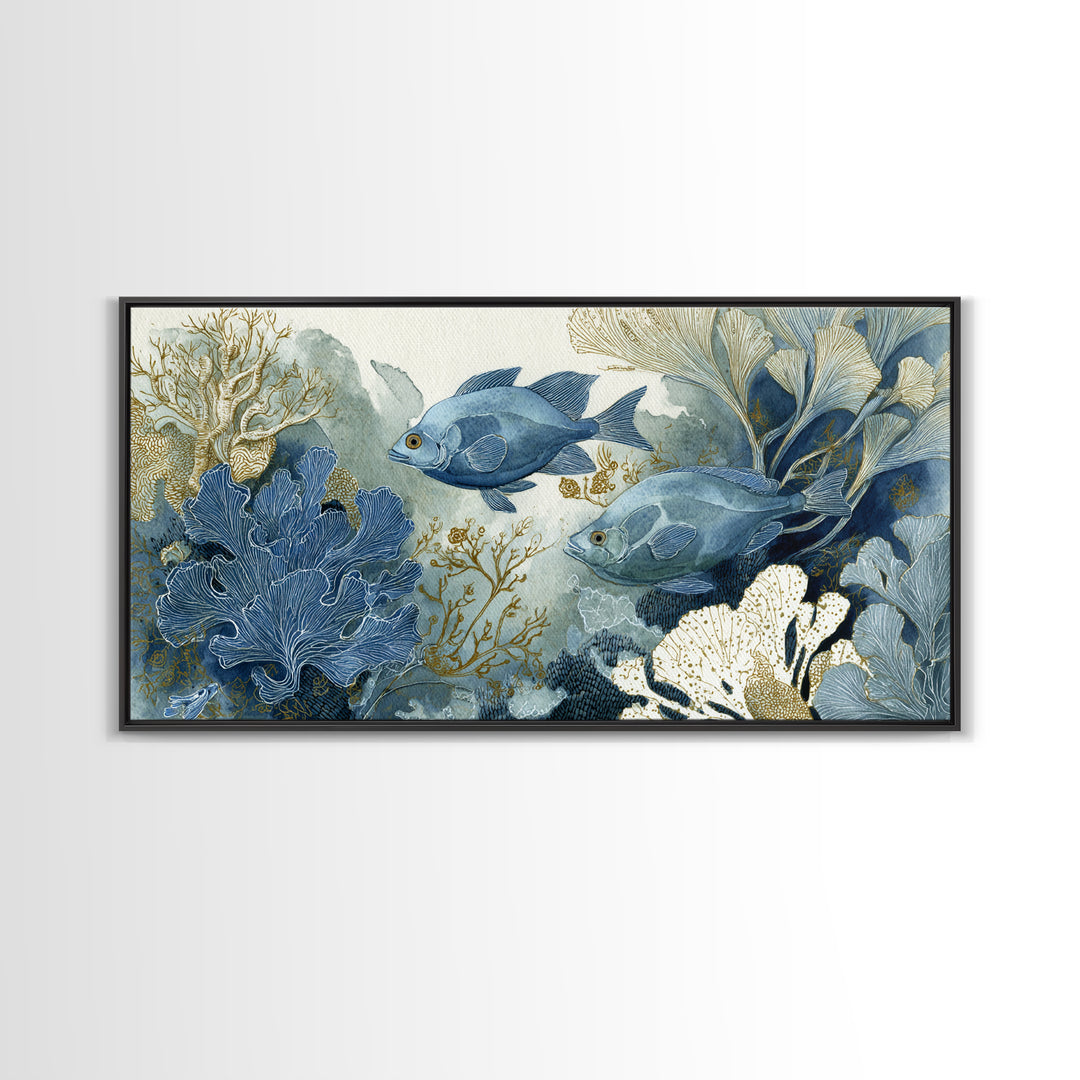 Tropical Fish over Coral Reef Framed Canvas Print, Tropical Art, Set of 3 Prints, Living Room Decor, Fine Art, Tropic, TRO-2x1-55