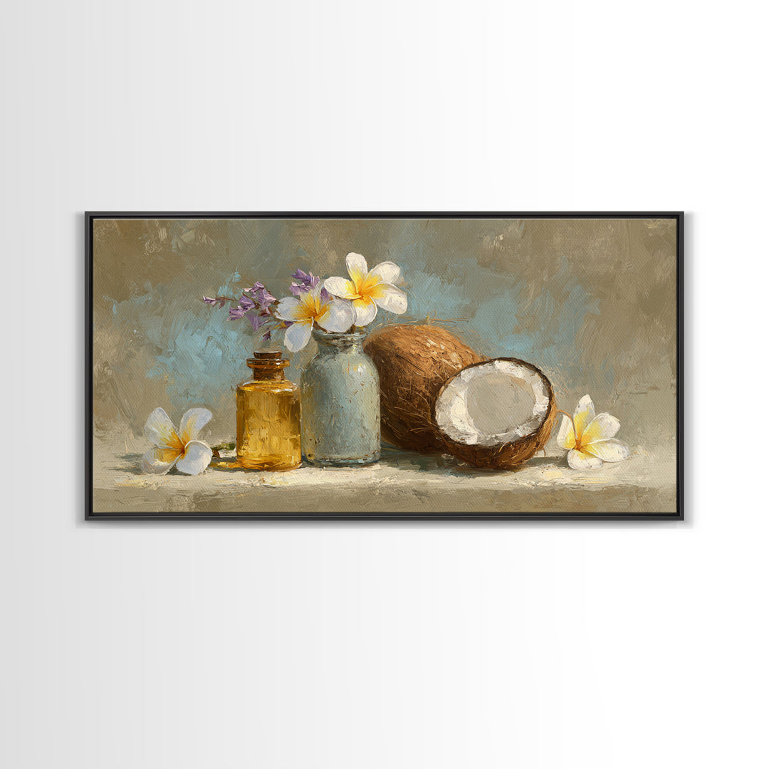 Coconut and Plumeria Still Life Framed Canvas Print, Tropical Art, Art Print, Living Room Decor, Tropic, Abstract Painting, TRO-2x1-56