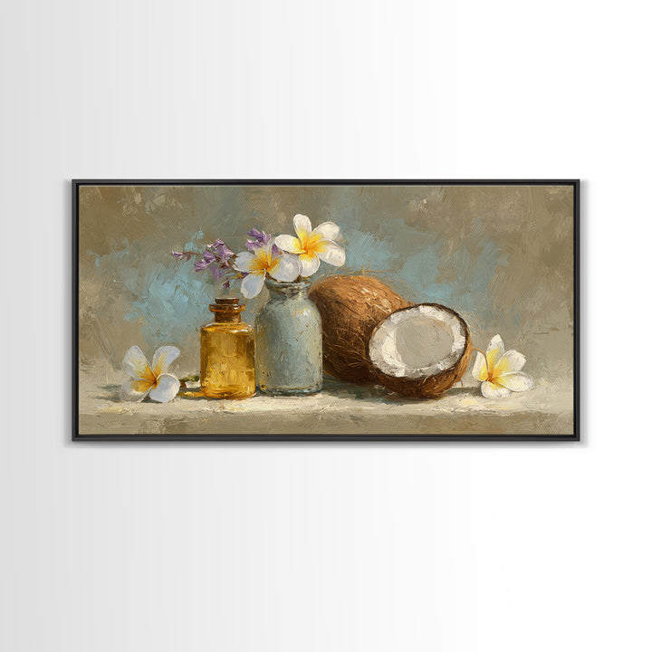 Coconut and Plumeria Still Life Framed Canvas Print, Tropical Art, Art Print, Living Room Decor, Tropic, Abstract Painting, TRO-2x1-56