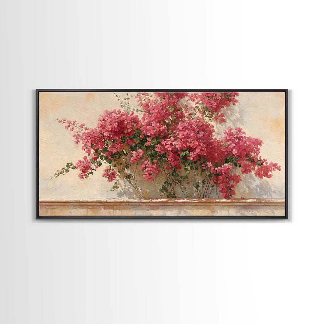 Pink Bougainvillea over White Wall Framed Canvas Print, Tropical Art, Digital Art, Living Room Decor, Oil Painting, Tropic, TRO-2x1-60
