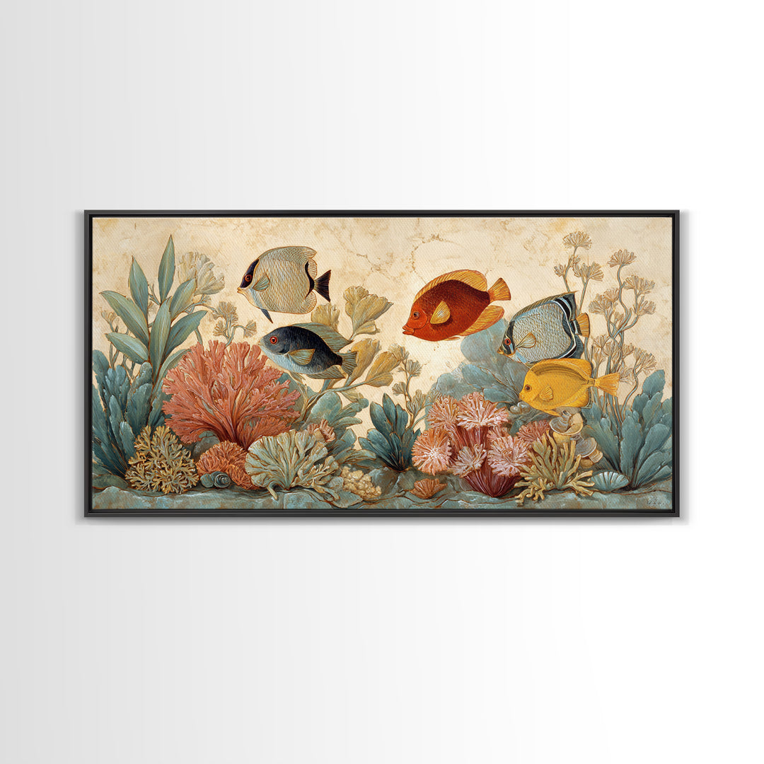 Tropical Fish over Coral Reef Framed Canvas Print, Tropical Art, Print, Living Room Decor, Fine Art, Tropic, Coastal Wall Art, TRO-2x1-7